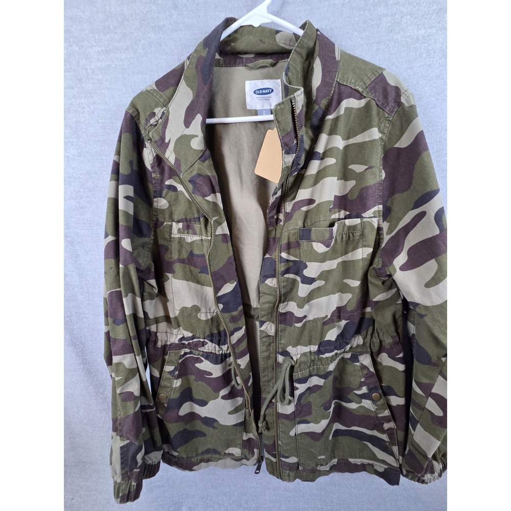 Old Navy XL Green Camo Jacket Tie Waist Utility Grunge Military Coat Pockets